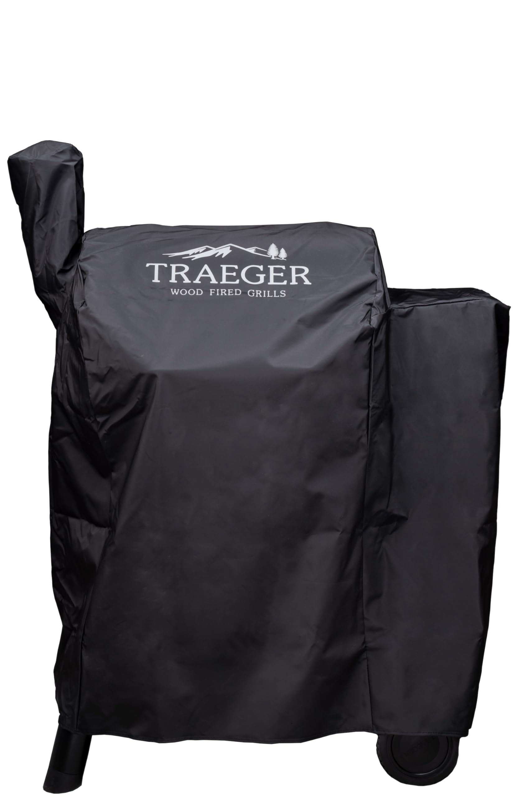 Traeger funda frontal ajustada protegiendo parrilla y evitando lluvia