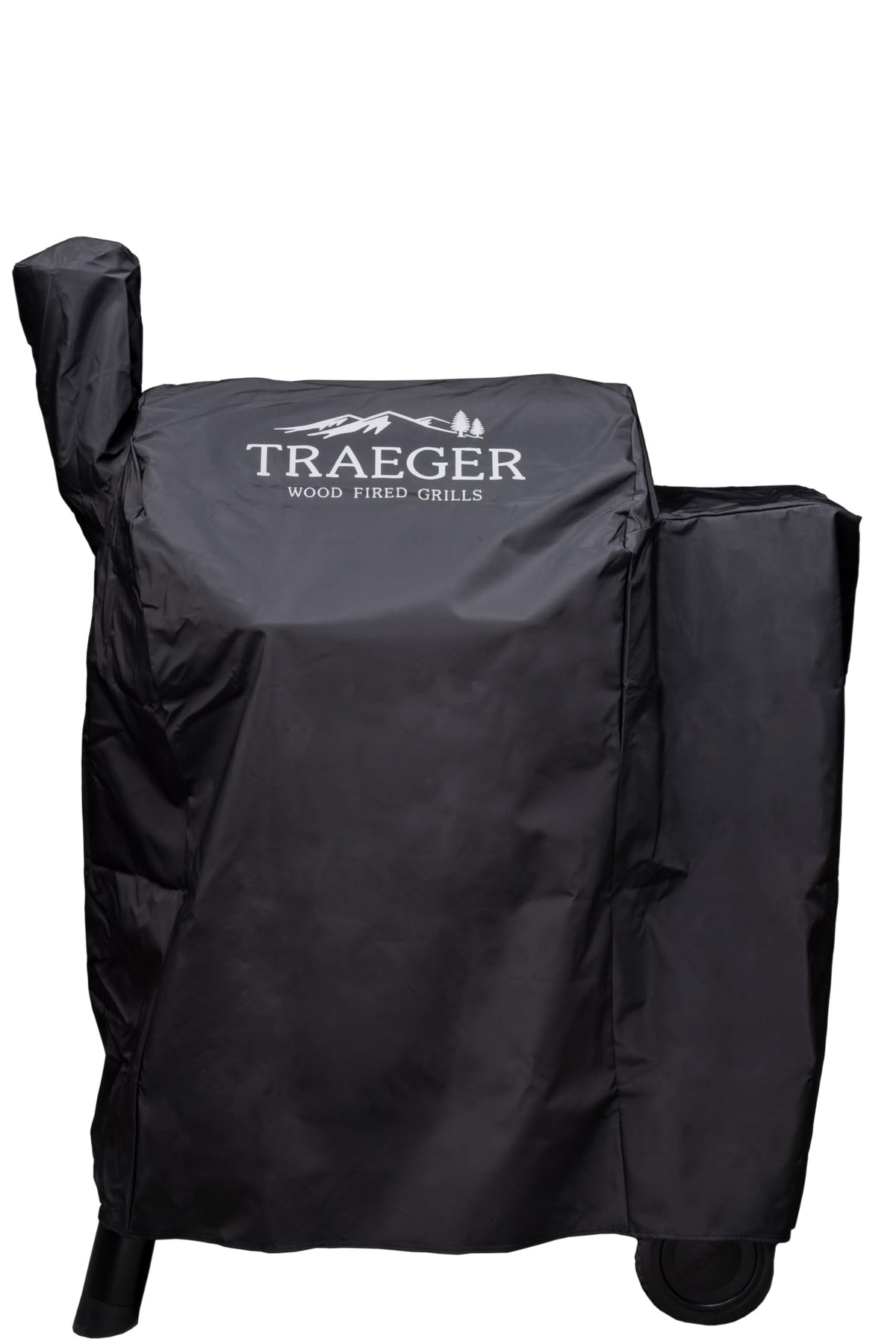Traeger funda frontal ajustada protegiendo parrilla y evitando lluvia