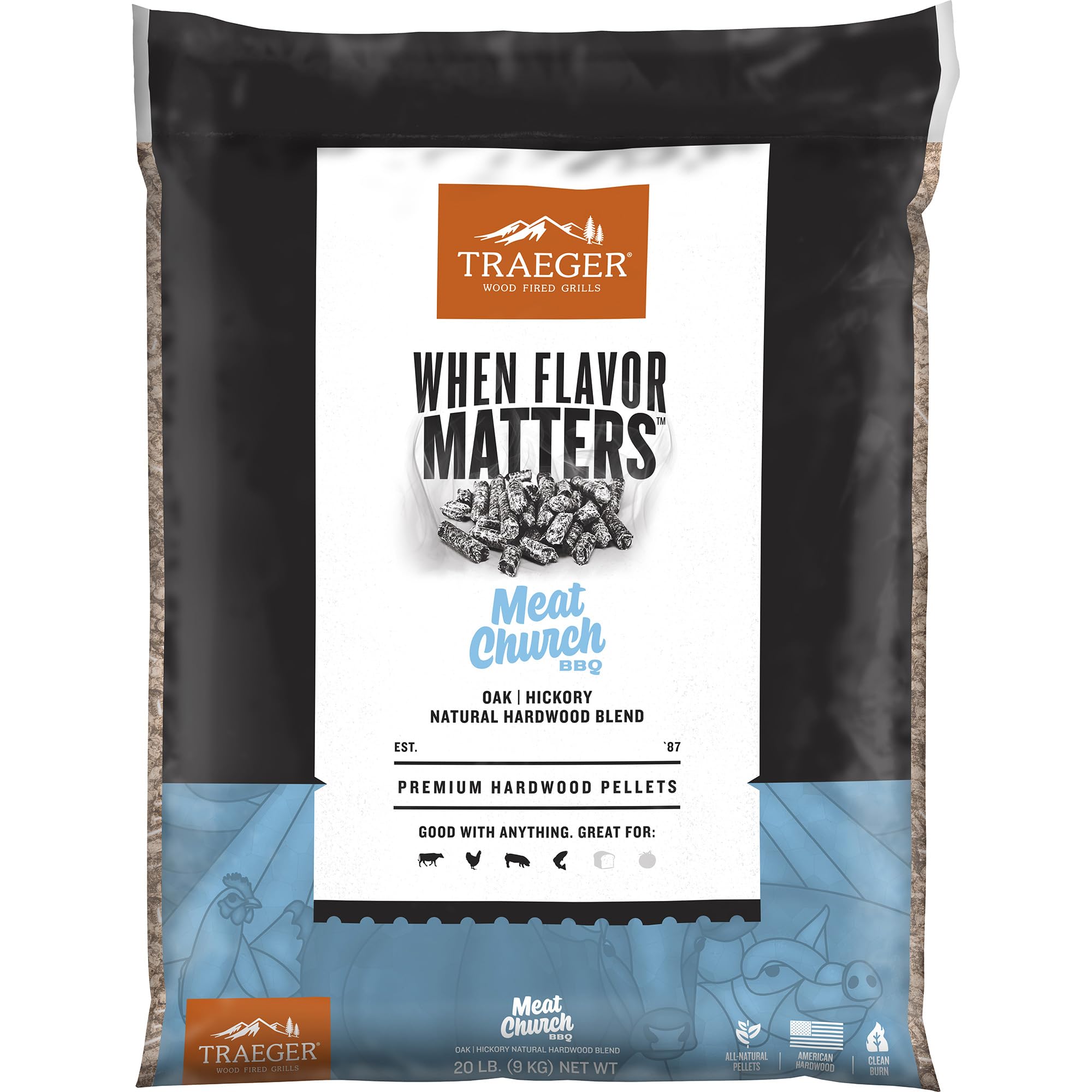 Traeger bolsa frontal mostrando marca Meat Church y beneficio de sabor consistente