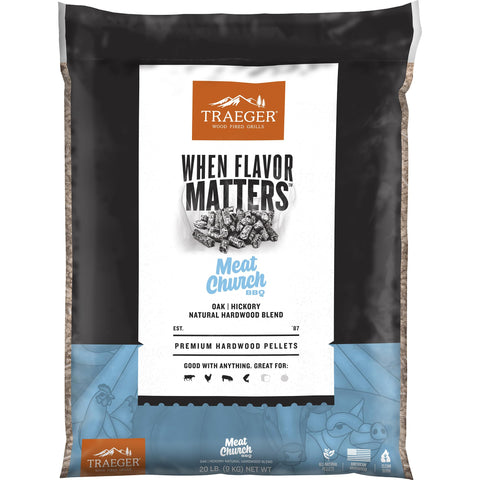 Traeger bolsa frontal mostrando marca Meat Church y beneficio de sabor consistente