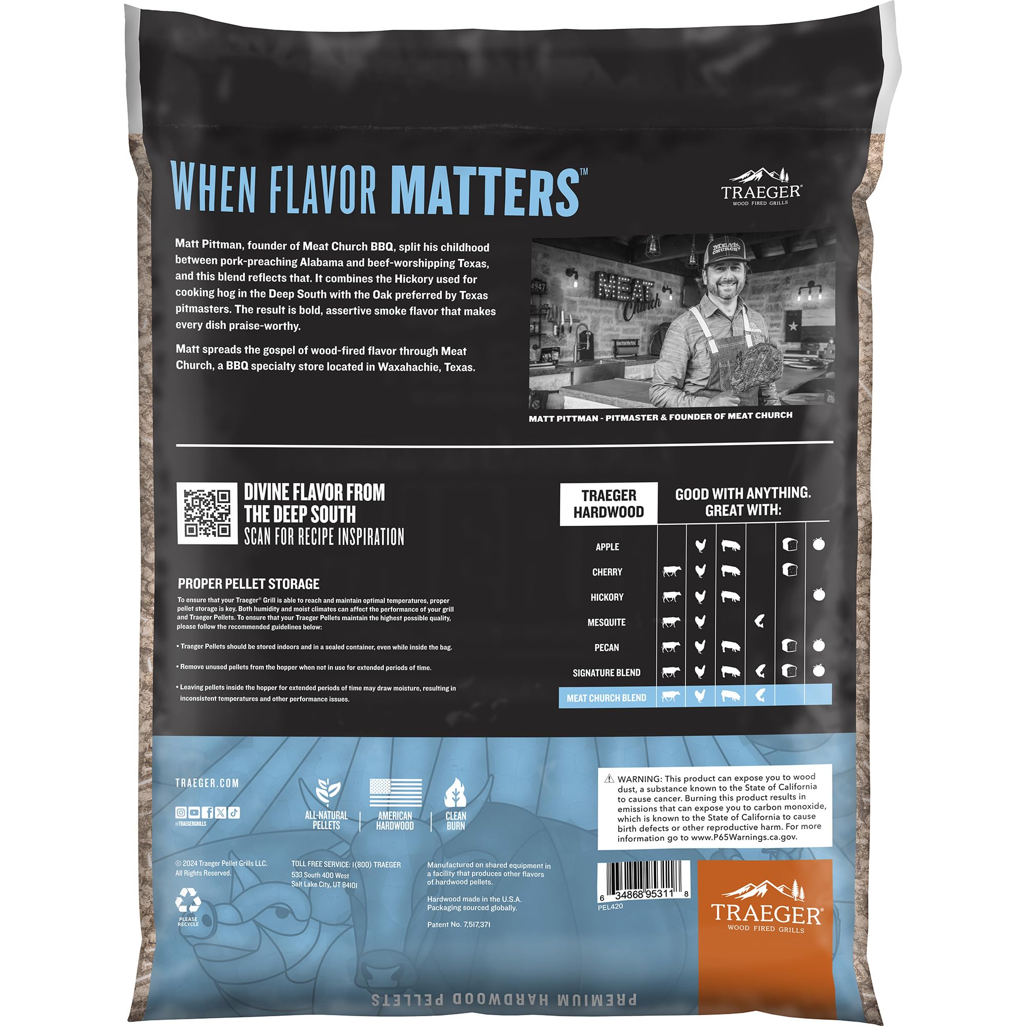 Traeger primer plano de pellets Hickory y Oak con combustión limpia