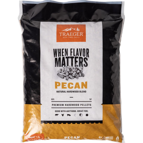 Traeger empaque frontal de pellets pecan mostrando marca y peso para compra segura