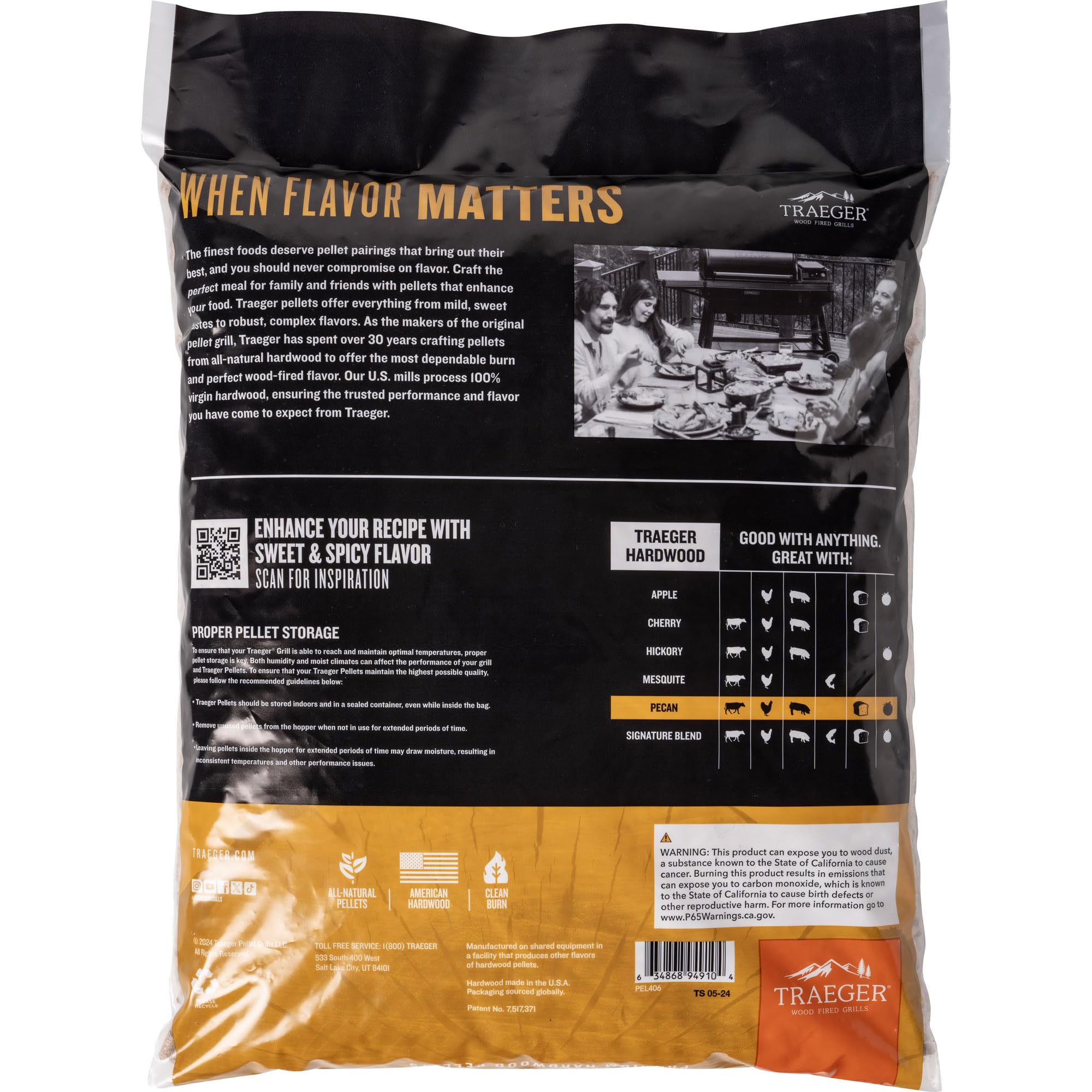 Traeger primer plano de textura de pellets pecan que asegura combustión uniforme