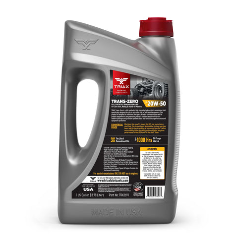 TRIAX Trans-Zero etiqueta en primer plano indicando compatibilidad y grado 20W-50