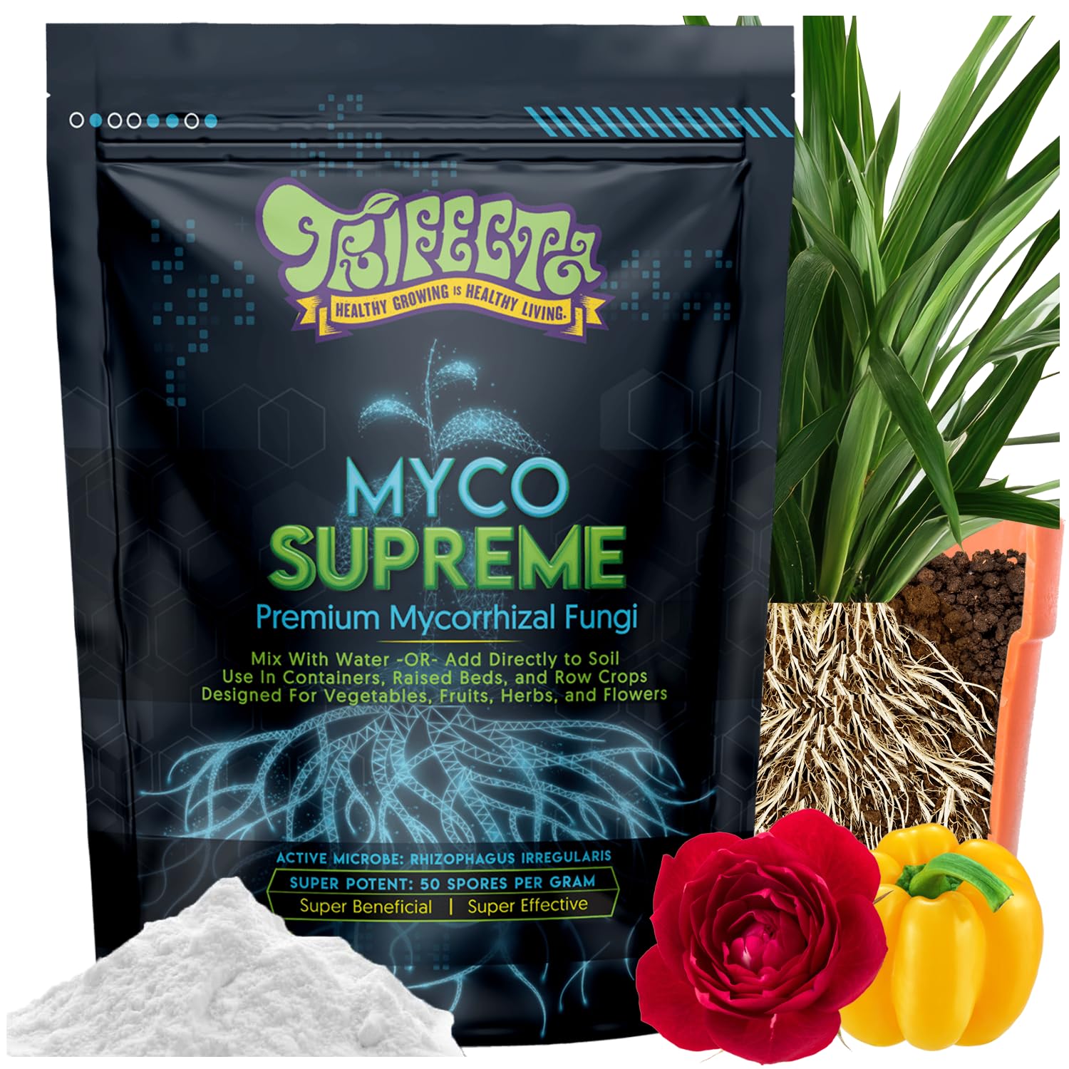 Trifecta Myco Supreme frente del empaque mostrando 13 oz y etiqueta clara, confiabilidad