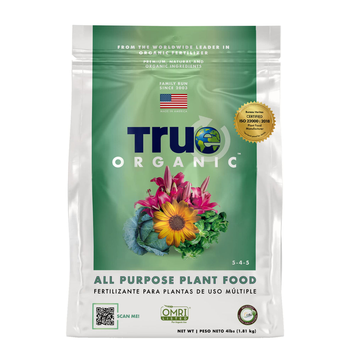 True Organic frente del empaque mostrando el tamaño y uso beneficioso