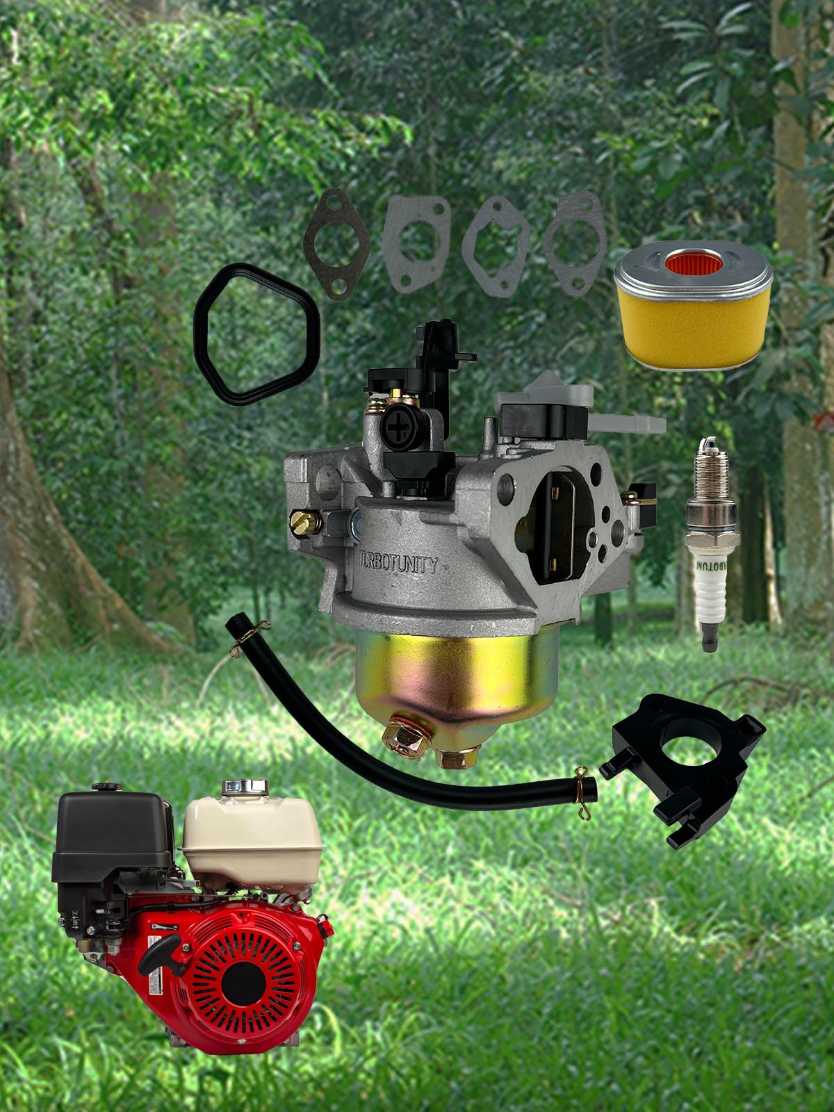 TURBOTUNITY carburador instalado en motor GX390 demostrando ajuste