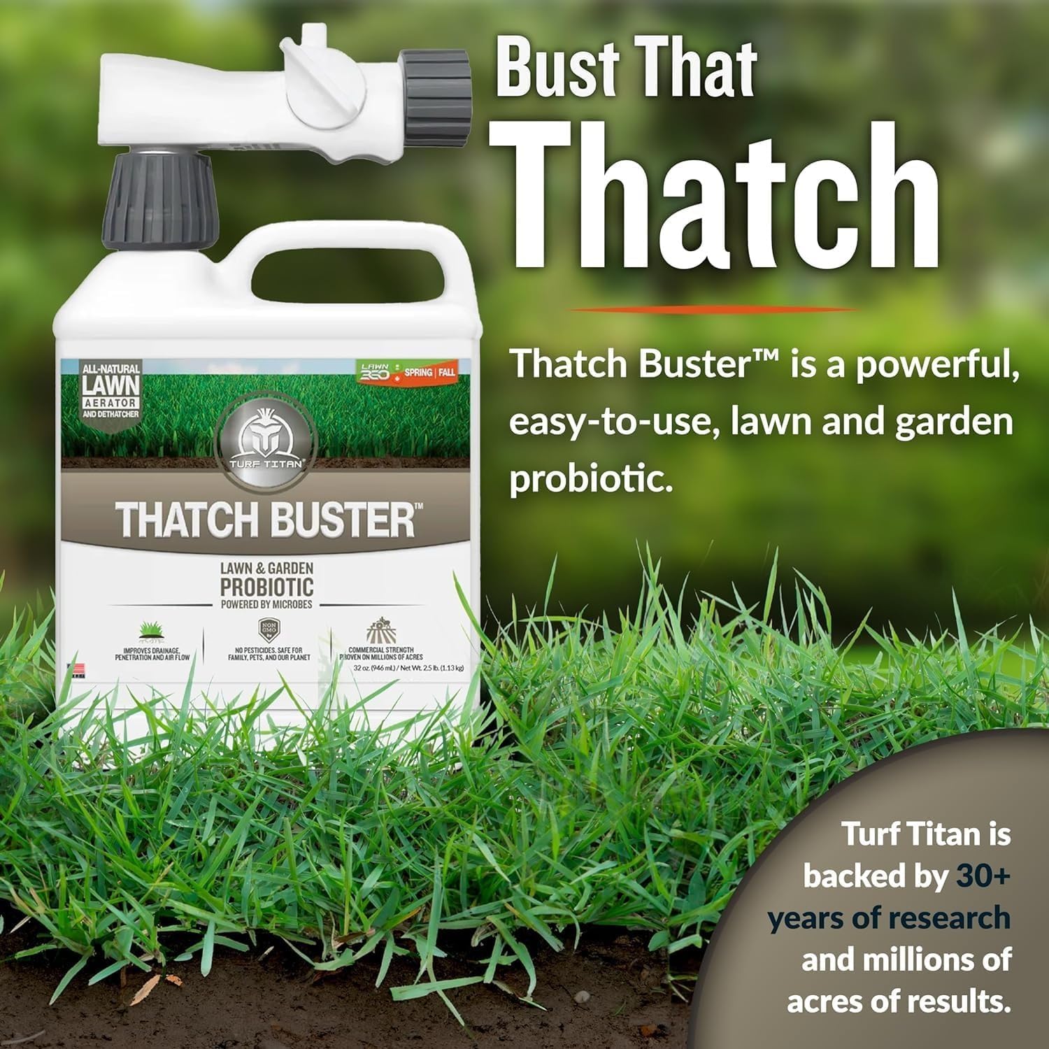 Turf Titan etiqueta con instrucciones y beneficios visibles