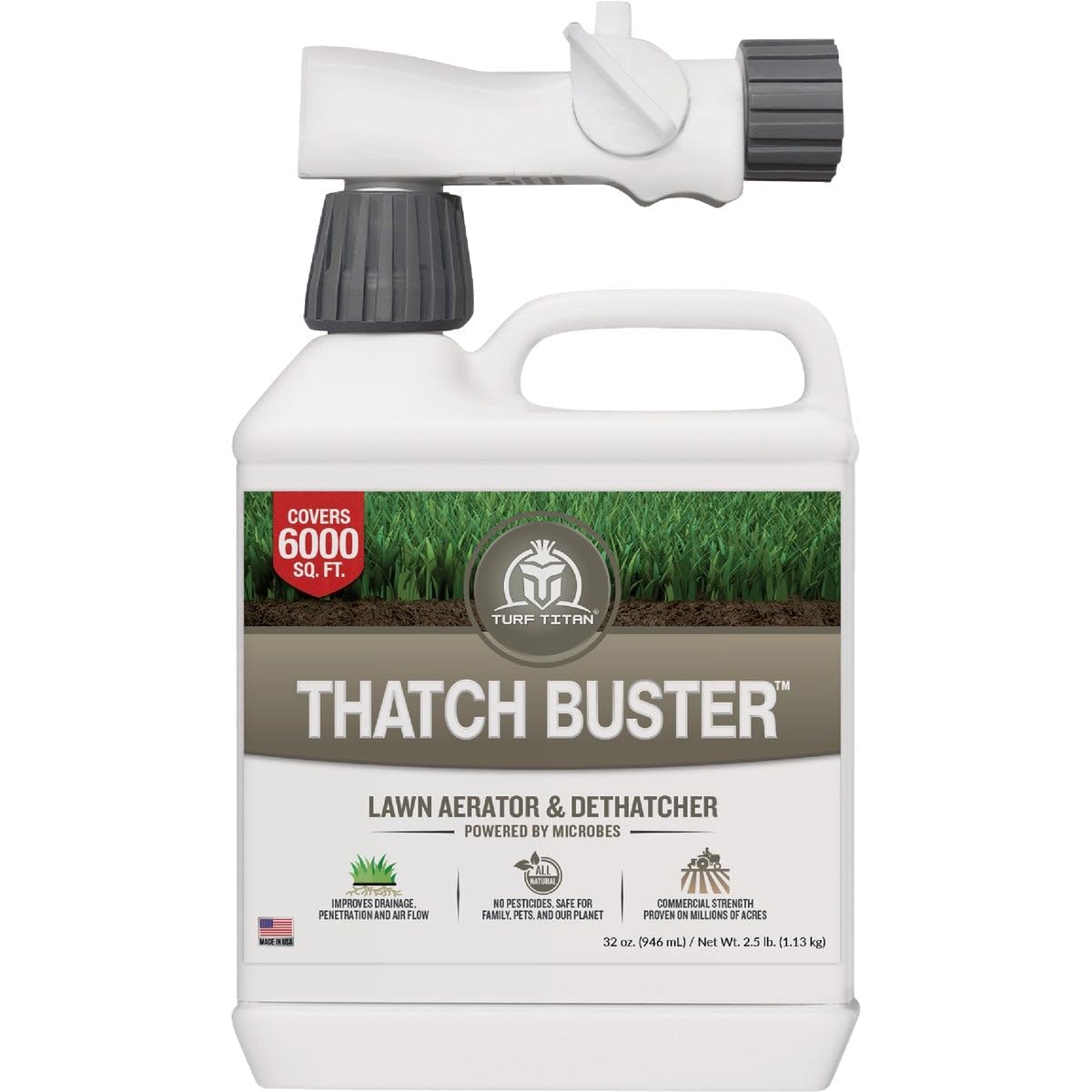 Turf Titan envase frontal mostrando facilidad de uso y cobertura