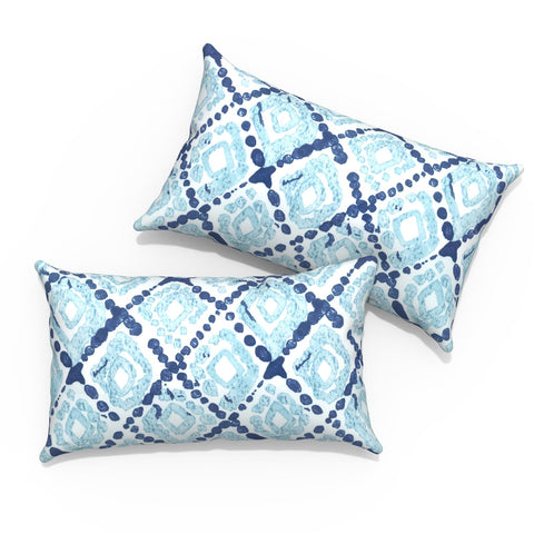 TWLEAR cojin lumbar pack frente mostrando diseño boho geométrico azul y estilo decorativo