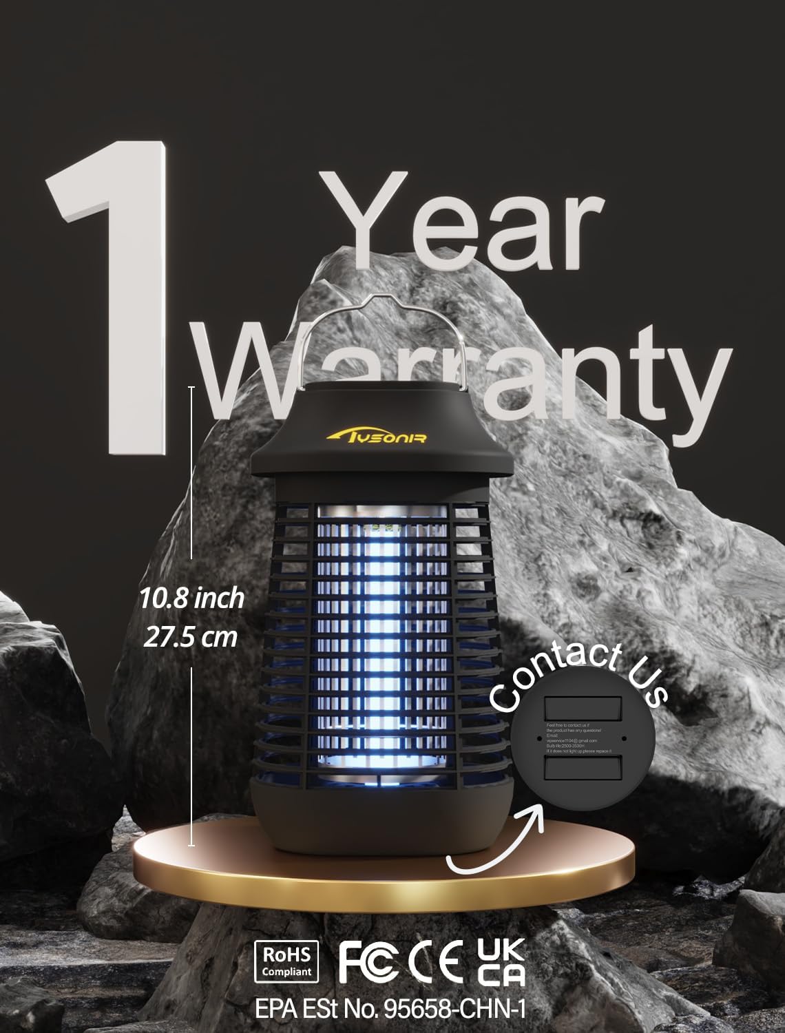 Tysonir bombilla UV de 15W encendida atrayendo insectos
