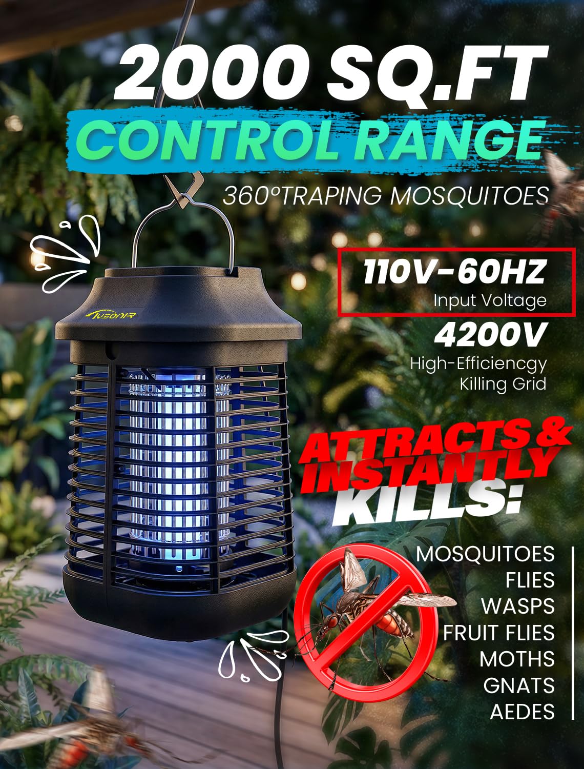 Tysonir enfoque rejilla 4200V eliminando insectos con seguridad