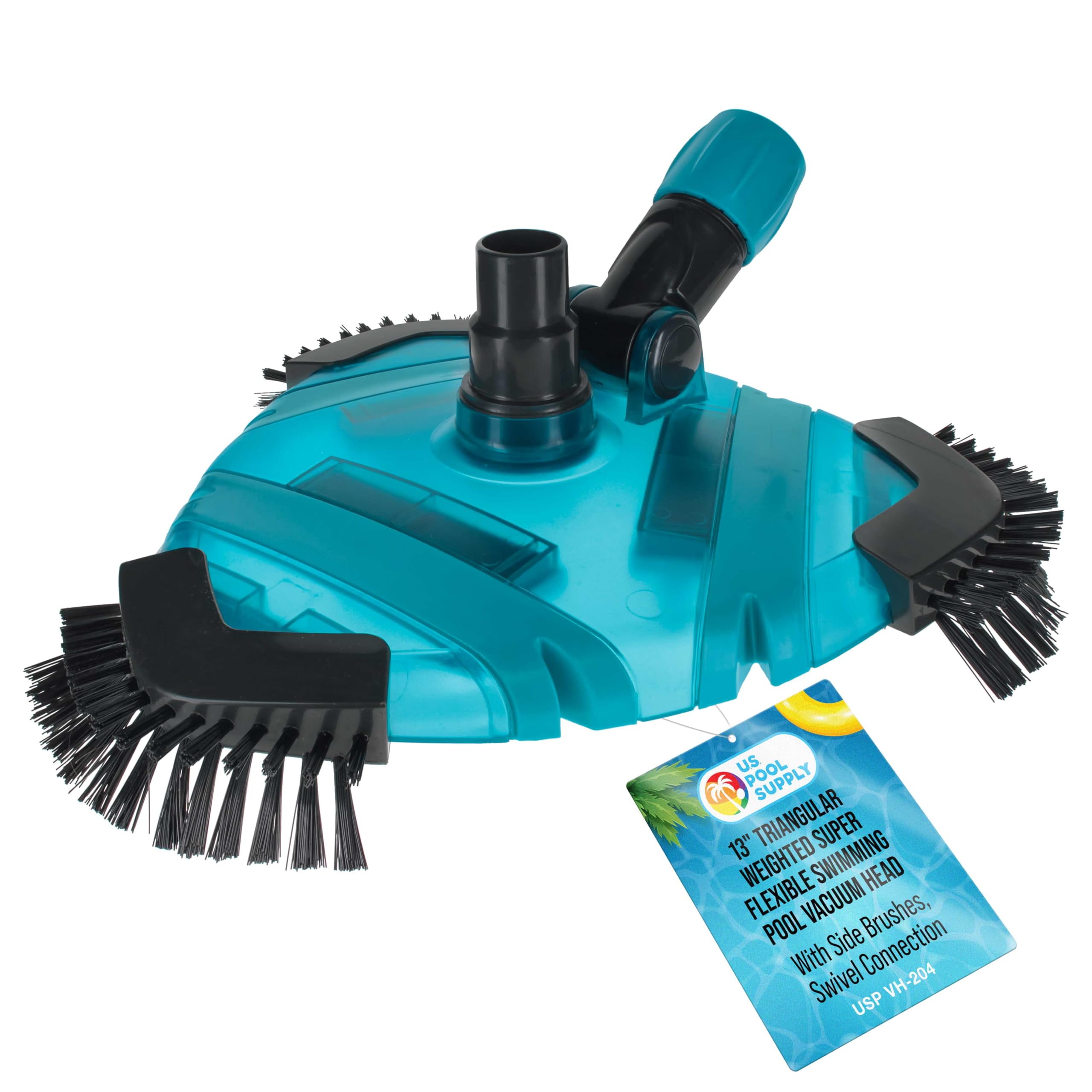 U.S. Pool Supply cabezal triangular frontal mostrando forma y beneficio de cobertura amplia