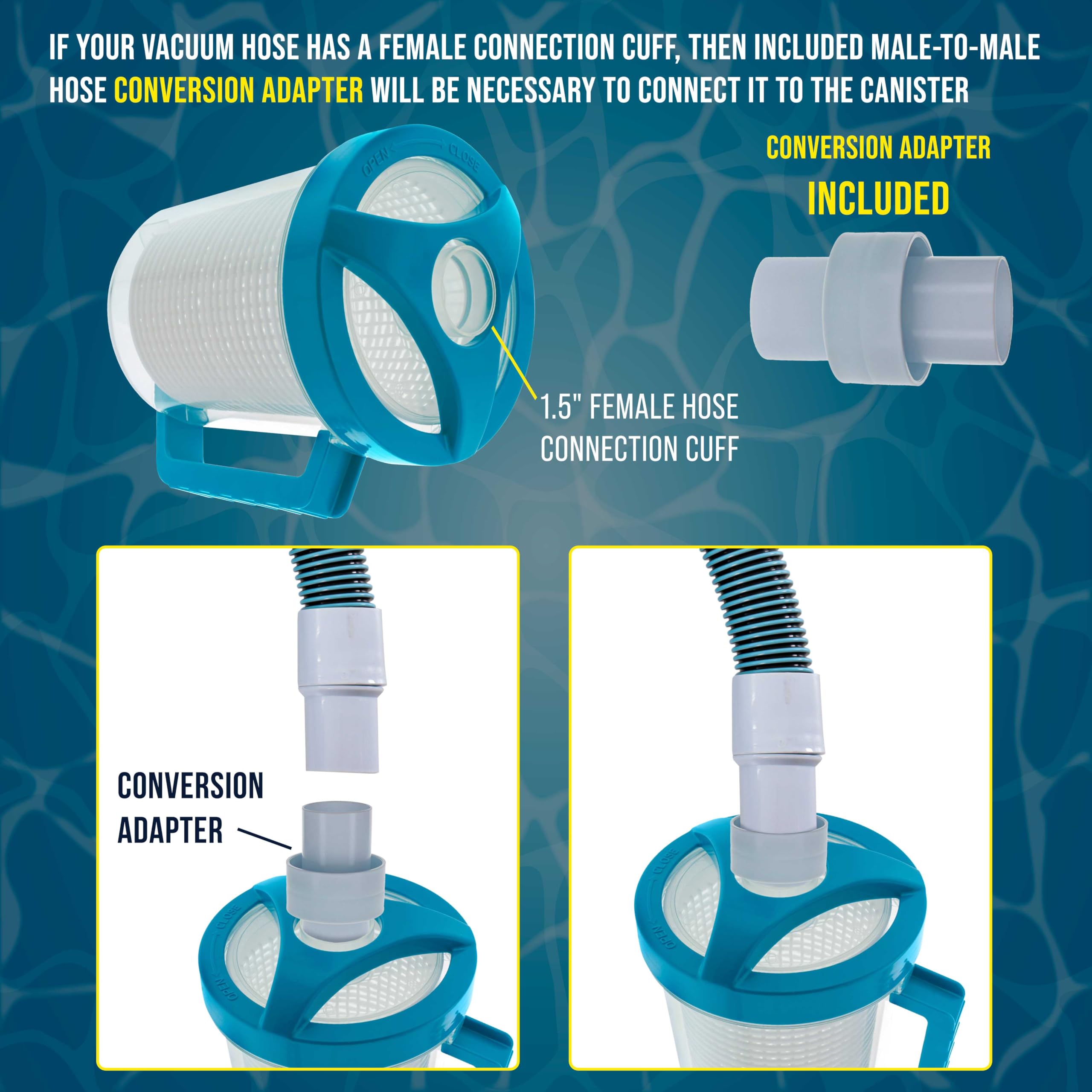 U.S. Pool Supply canister en uso conectado a aspiradora para mantener limpieza eficiente