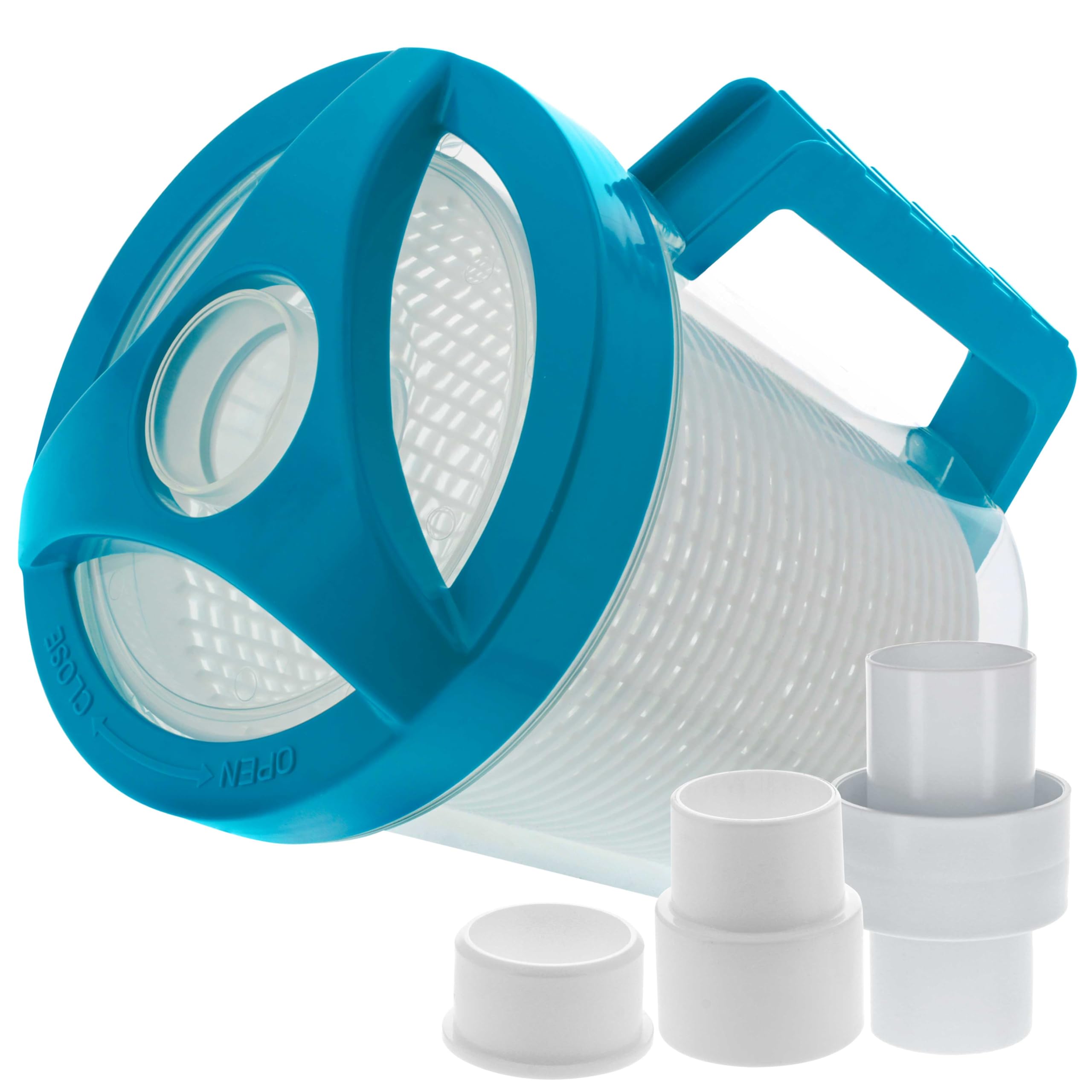 U.S. Pool Supply canister frontal mostrando cuerpo transparente y beneficio de inspección rápida