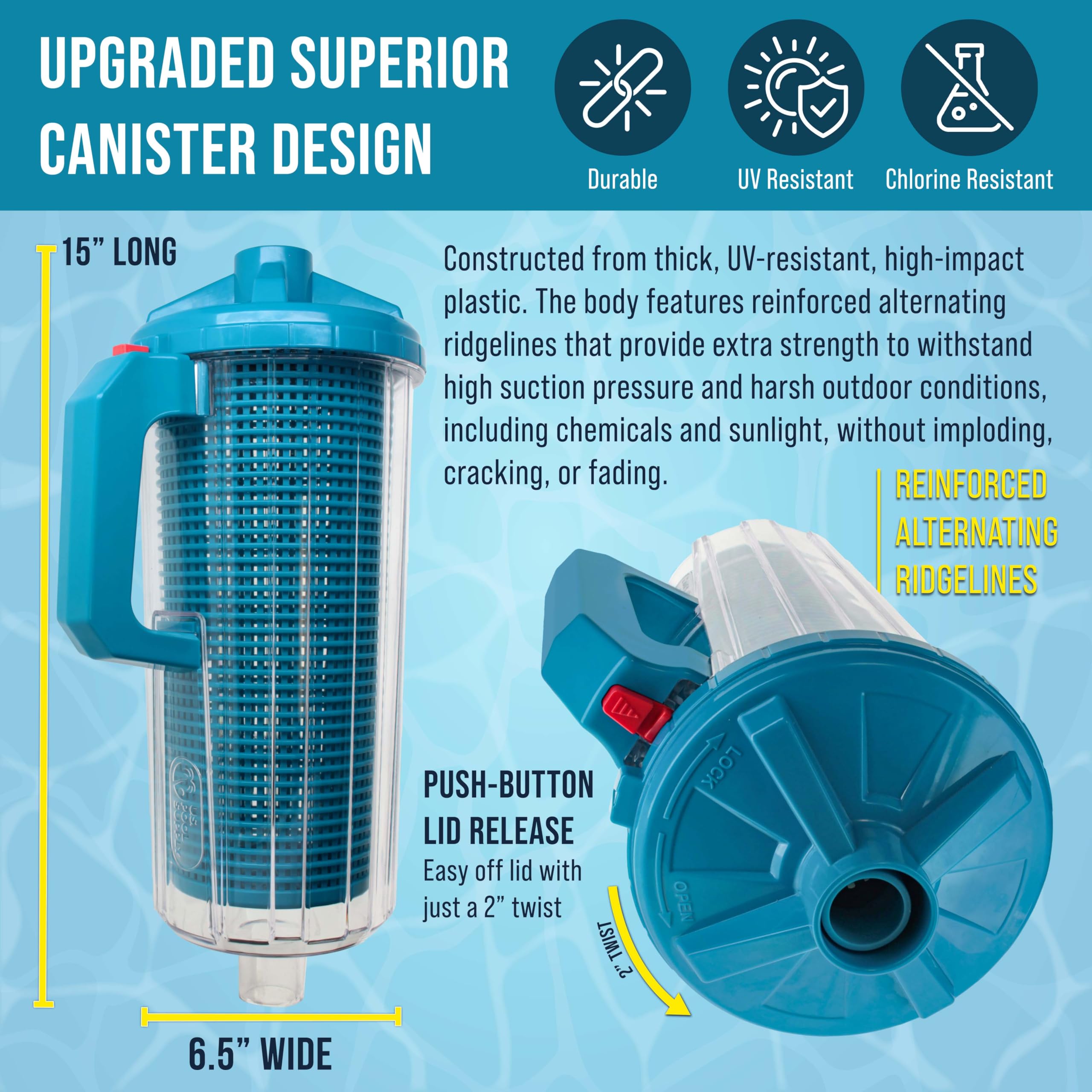 U.S. Pool Supply canister conectado a mangueras evitando torsiones en limpieza