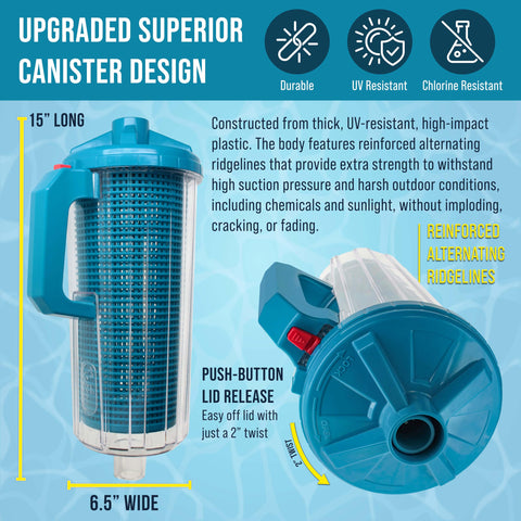 U.S. Pool Supply canister conectado a mangueras evitando torsiones en limpieza