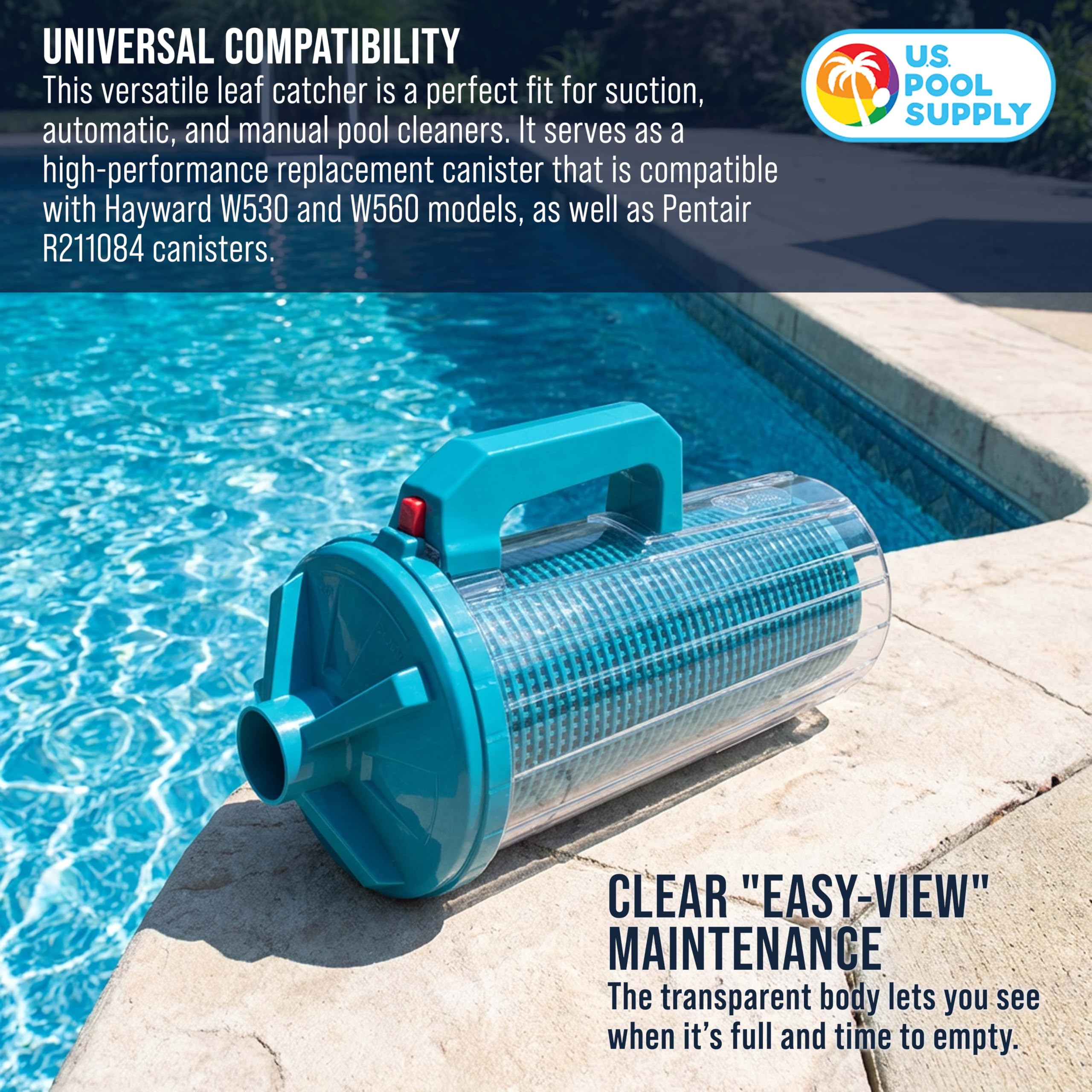 U.S. Pool Supply canister junto a regla demostrando tamaño y compatibilidad