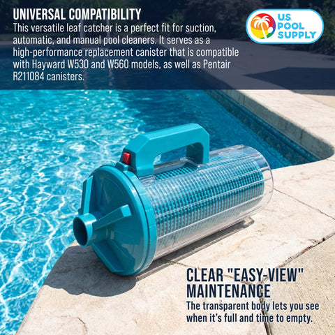 U.S. Pool Supply canister junto a regla demostrando tamaño y compatibilidad
