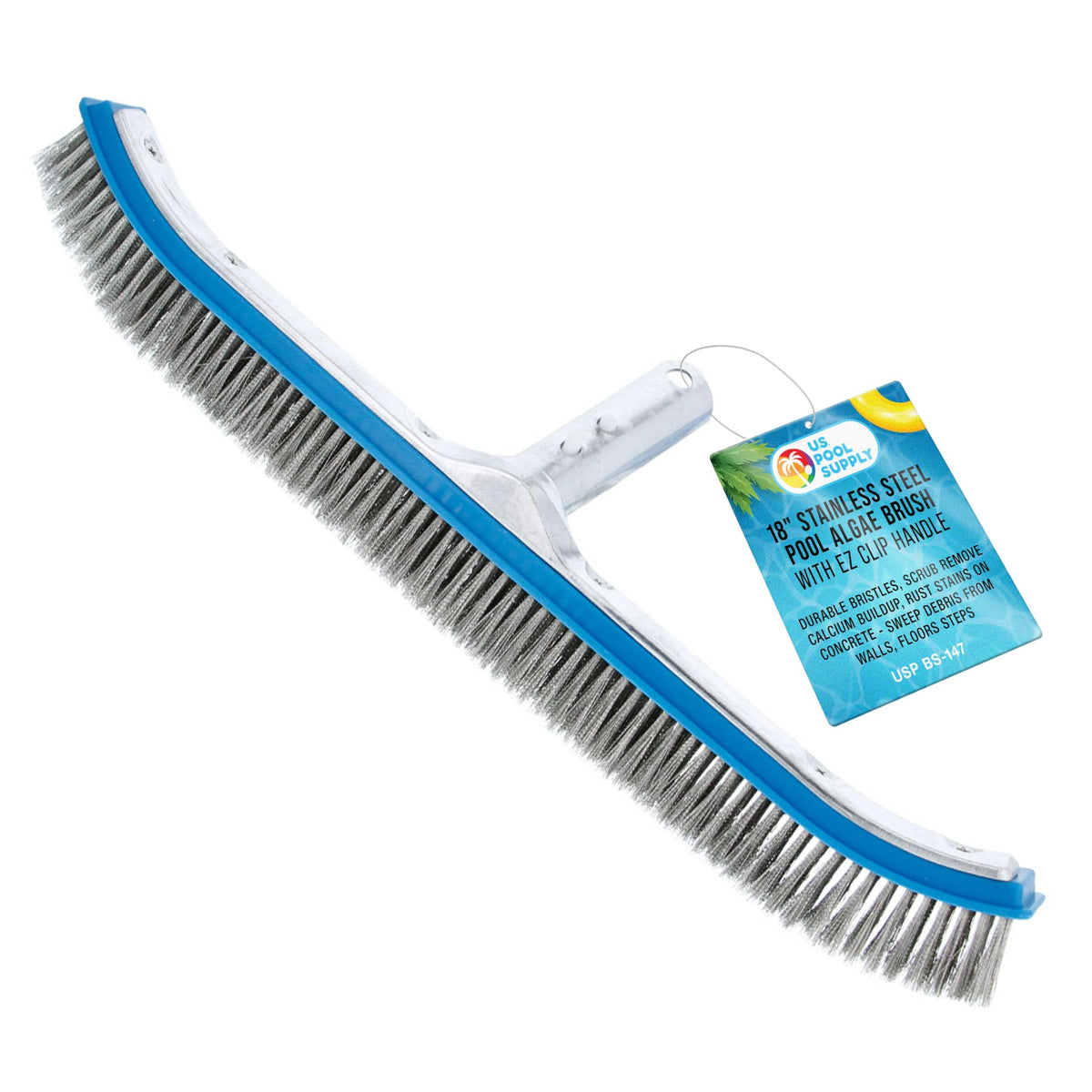 U.S. Pool Supply cepillo frontal 18" mostrando cuerpo reforzado y cobertura amplia