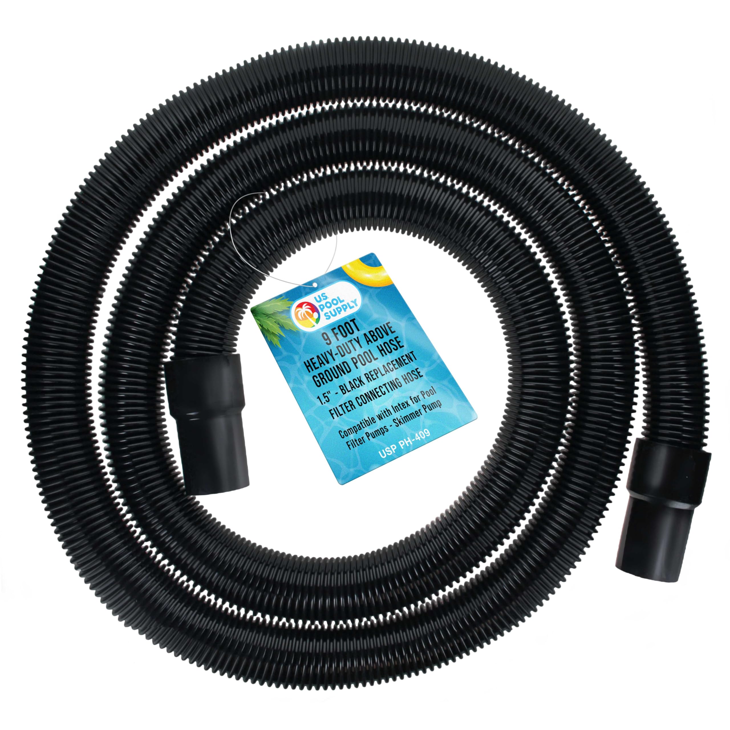 U.S. Pool Supply manguera frontal mostrando longitud y diseño resistente