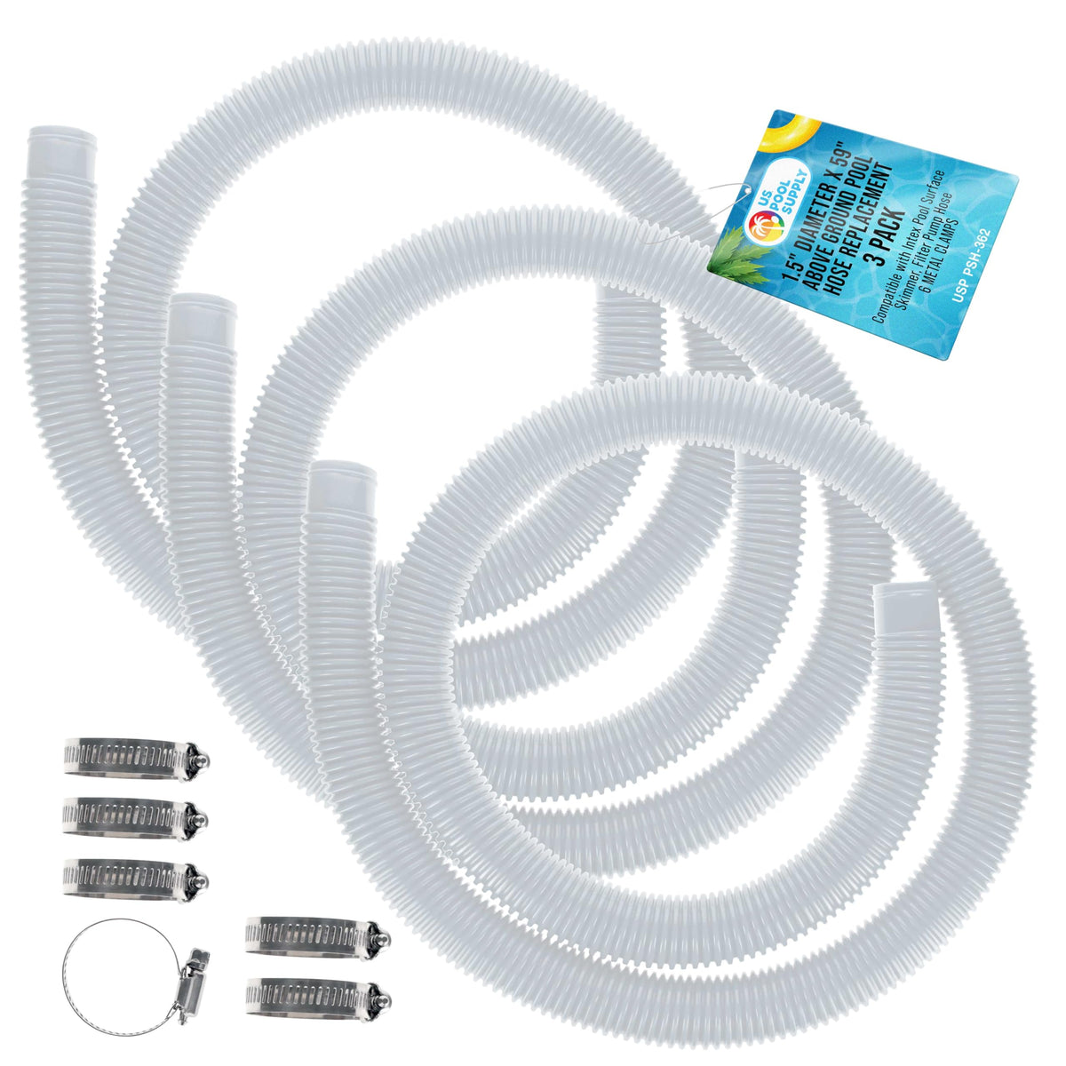 U.S. Pool Supply manguera frontal en caja mostrando pack de 3 y 6 abrazaderas