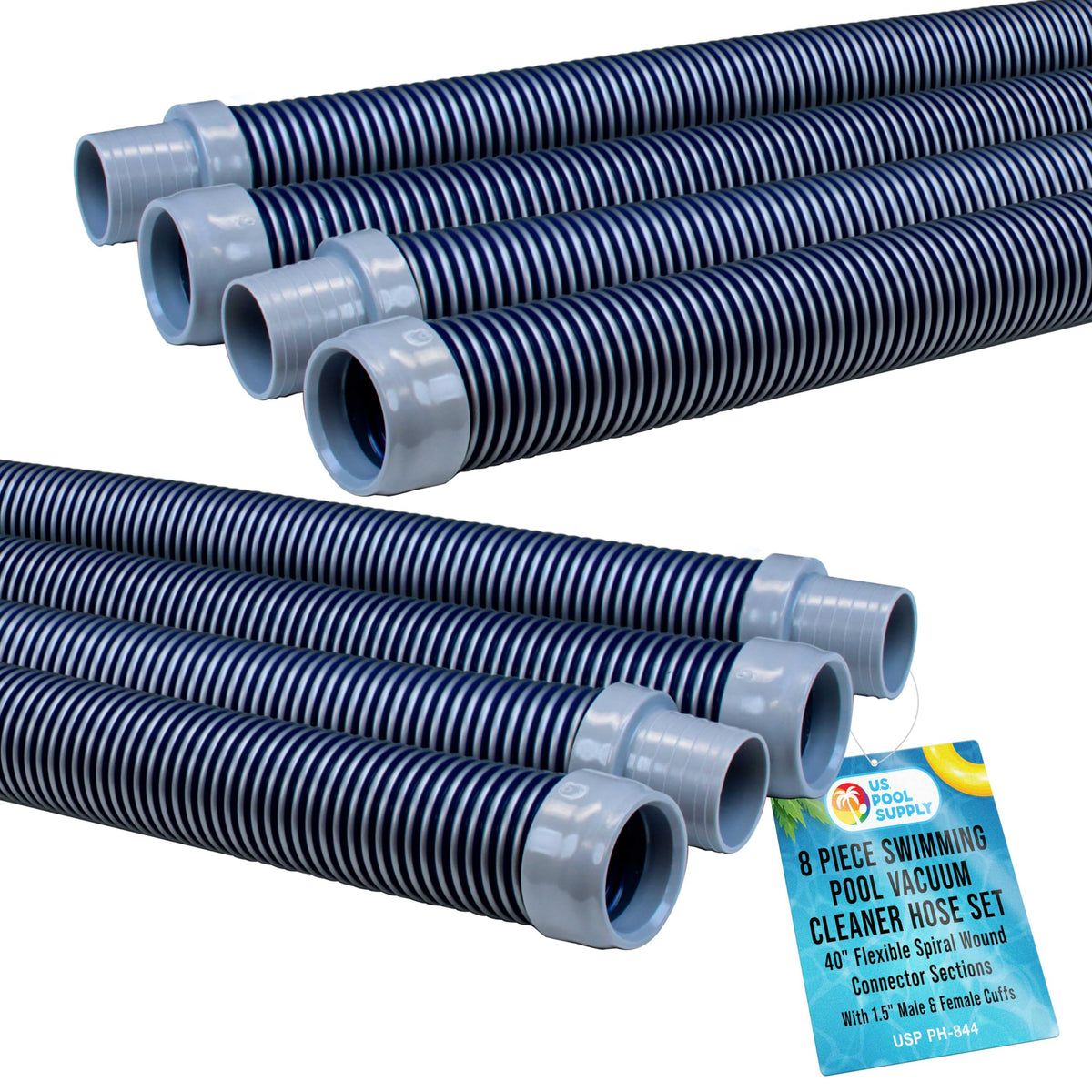 U.S. Pool Supply manguera frontal del paquete mostrando 8 tramos y beneficio de reemplazo fácil