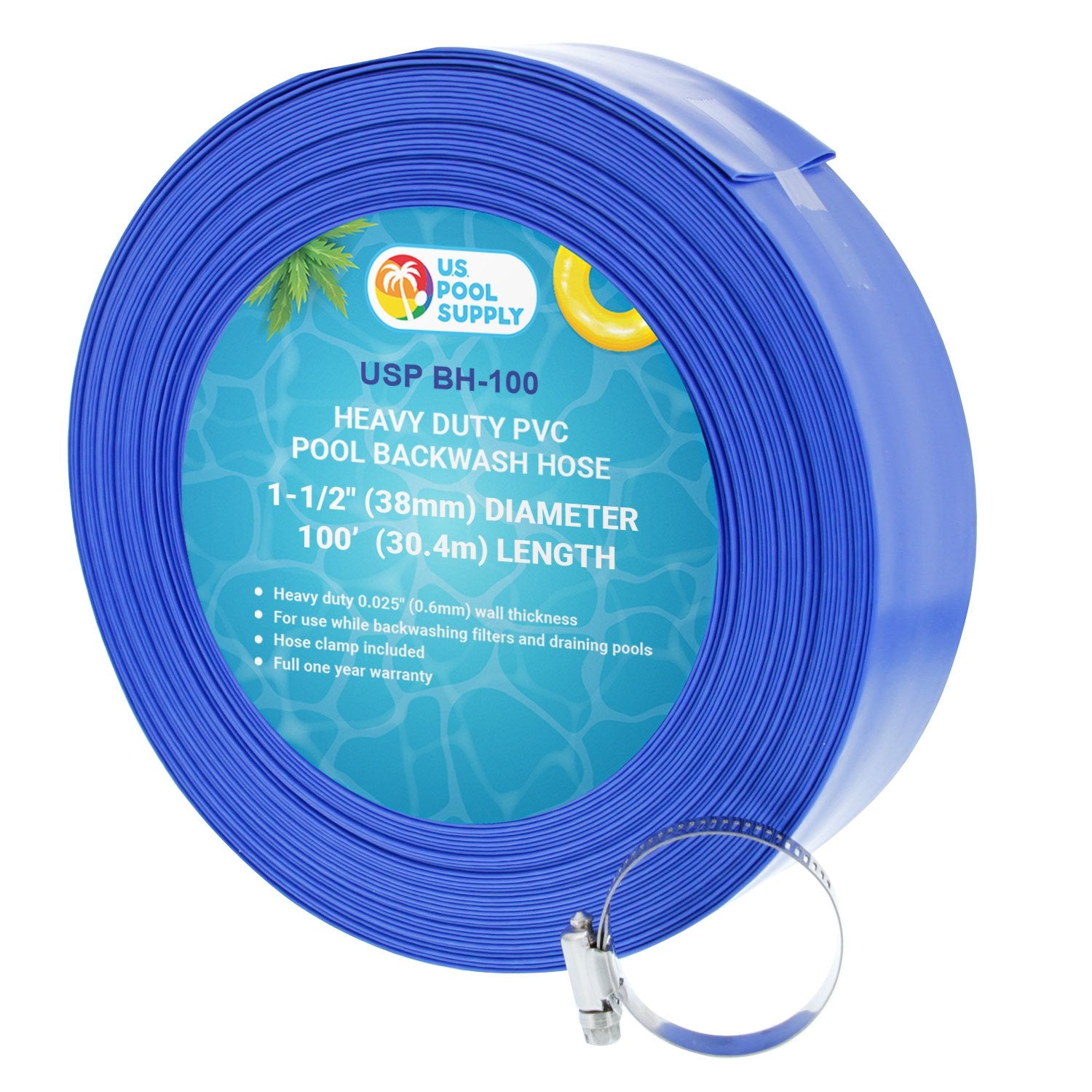 U.S. Pool Supply manguera frontal mostrando longitud y color azul resistente