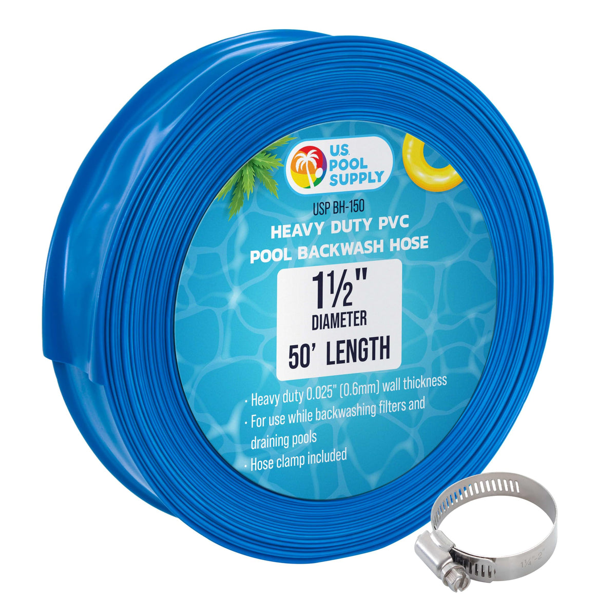 U.S. Pool Supply manguera frontal mostrando longitud y color azul, fácil identificación