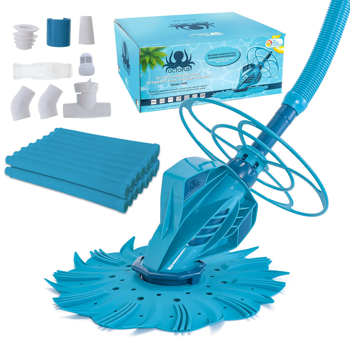 U.S. Pool Supply vista frontal del limpiador Octopus mostrando estructura y beneficios de succión