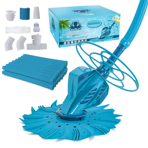 U.S. Pool Supply vista frontal del limpiador Octopus mostrando estructura y beneficios de succión