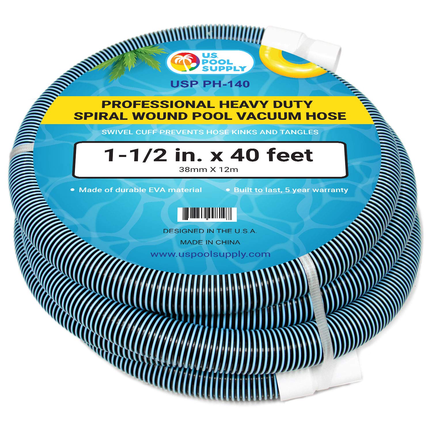 U.S. Pool Supply manguera frontal con empaque mostrando dimensiones y beneficios