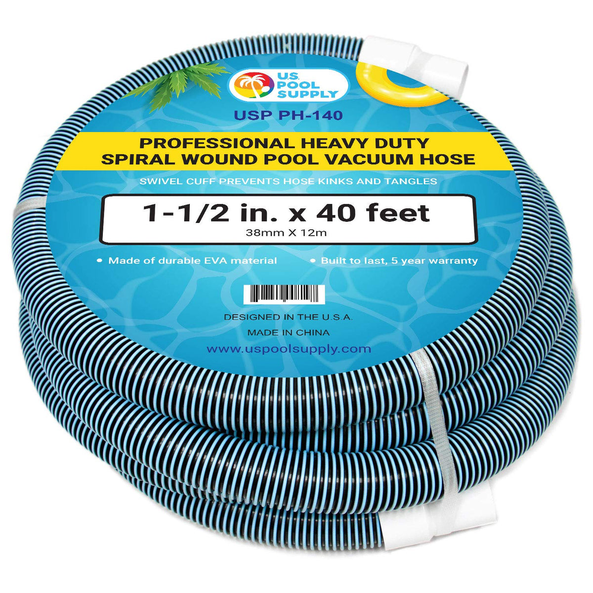 U.S. Pool Supply manguera frontal con empaque mostrando dimensiones y beneficios