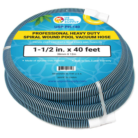 U.S. Pool Supply manguera frontal con empaque mostrando dimensiones y beneficios