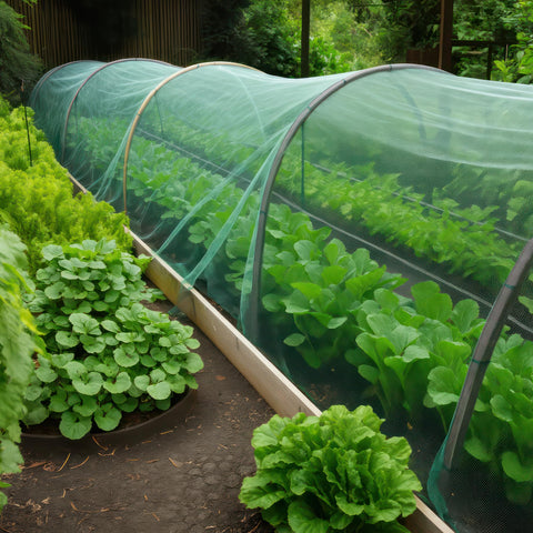 UB-STORE malla instalada sobre camas de cultivo protegiendo plantas y facilitando riego