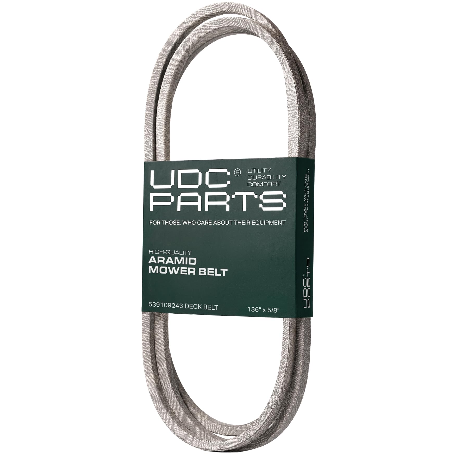 UDC Mower Belts correa 539109243 frontal con embalaje y tamaño claro