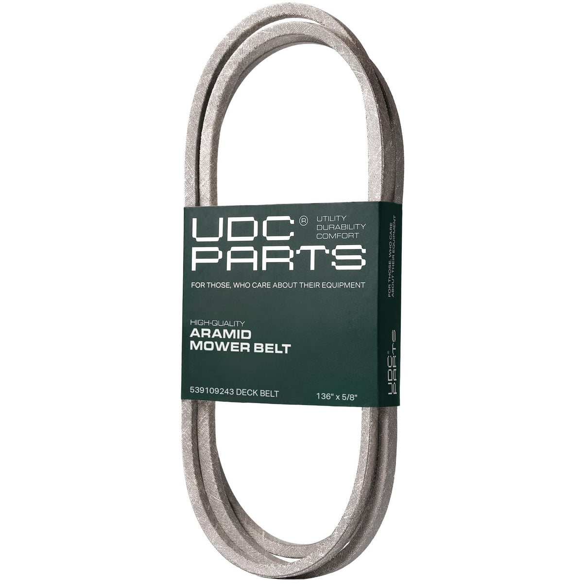 UDC Mower Belts correa 539109243 frontal con embalaje y tamaño claro