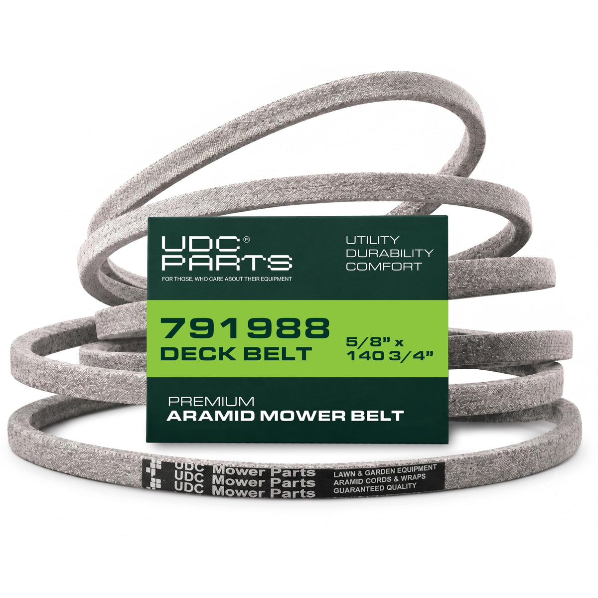 UDC Mower Belts correa 791988 frontal mostrando el producto y ajuste fiable