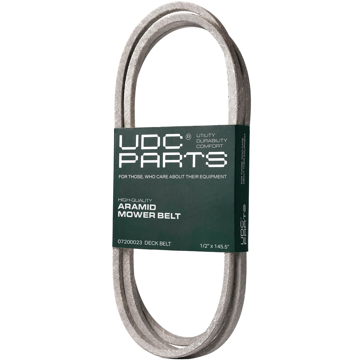 UDC Mower Belts correa frontal en embalaje, durabilidad visible