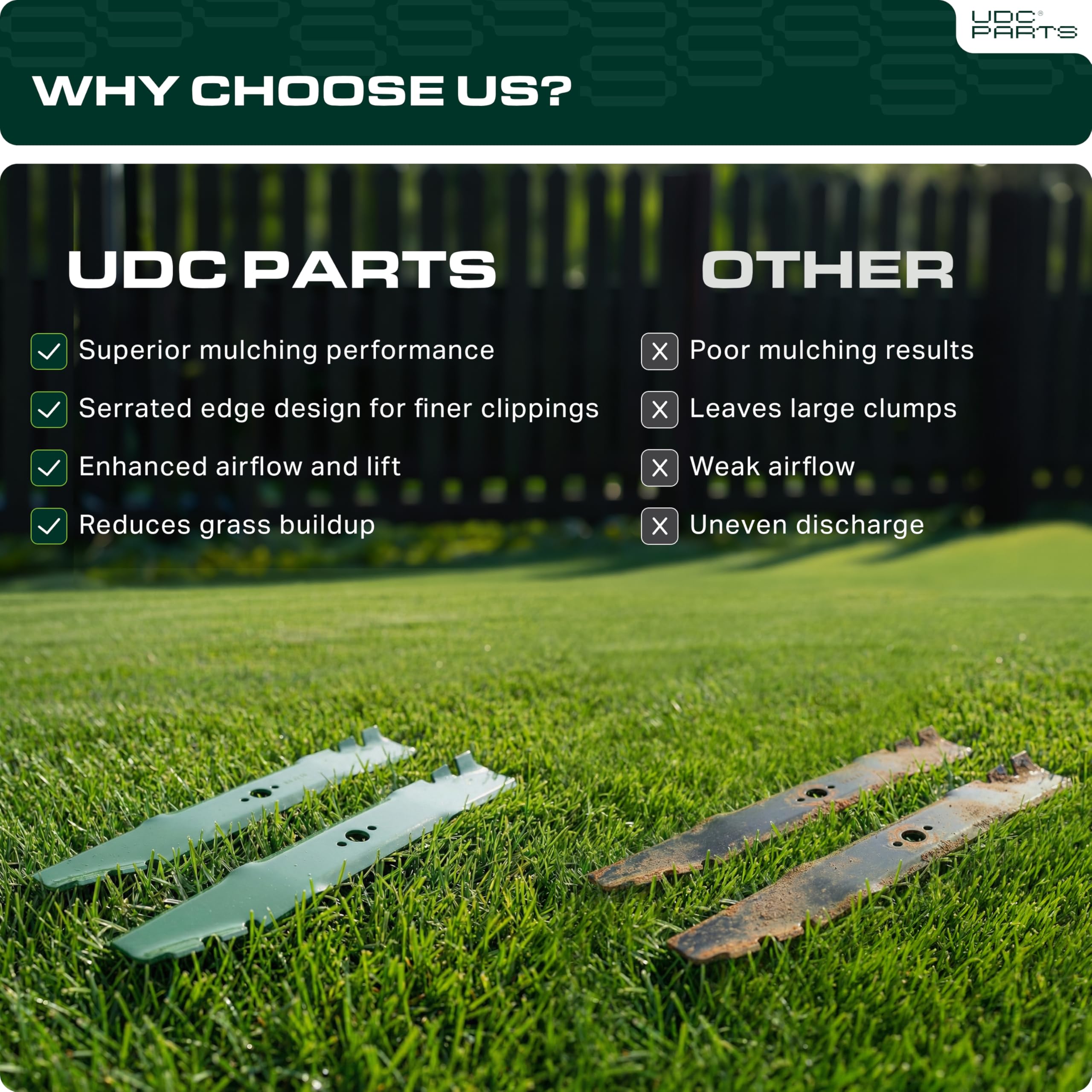 UDC Parts cuchilla en uso cortando césped, resultado uniforme