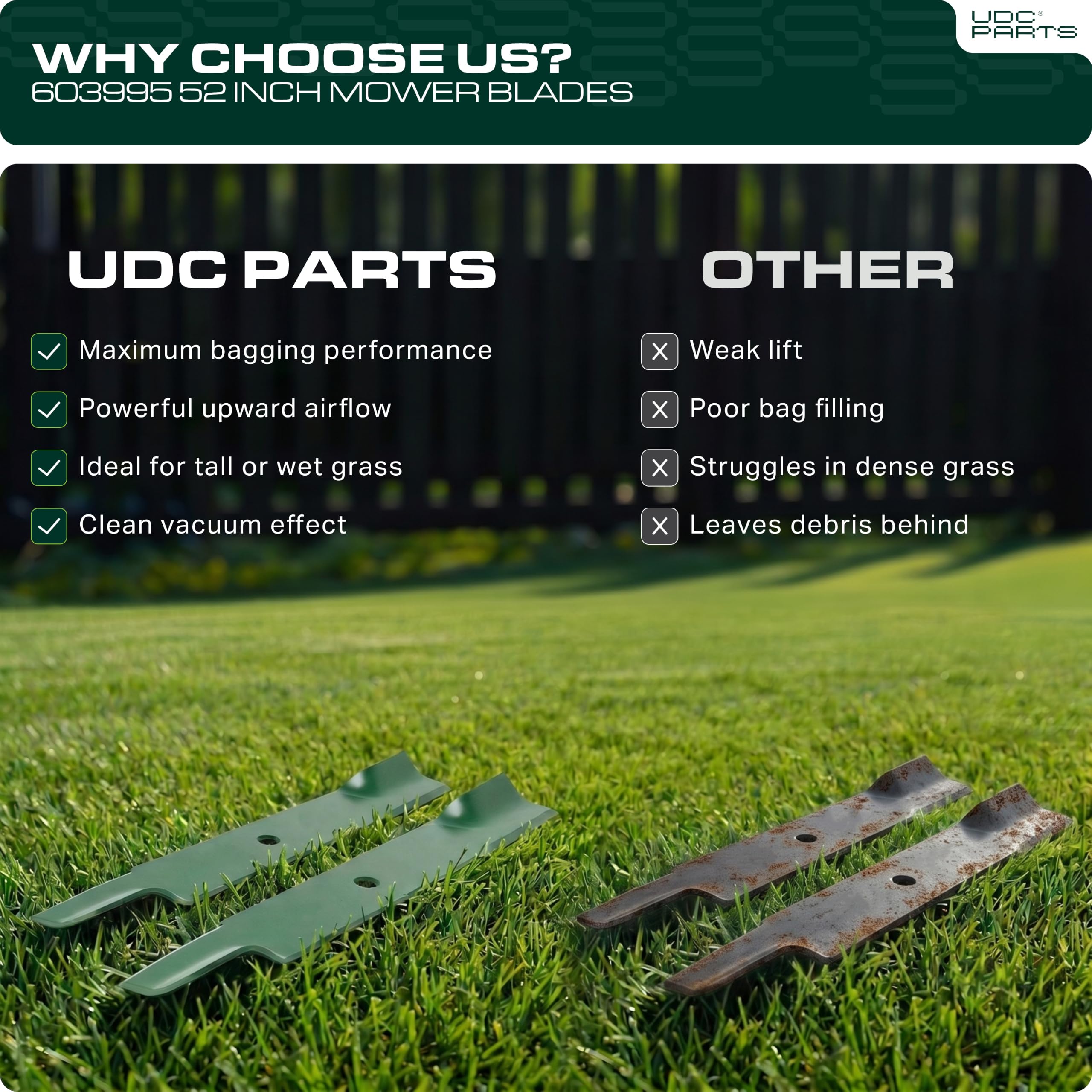 UDC Parts cuchilla instalada en cortadora Hustler en funcionamiento