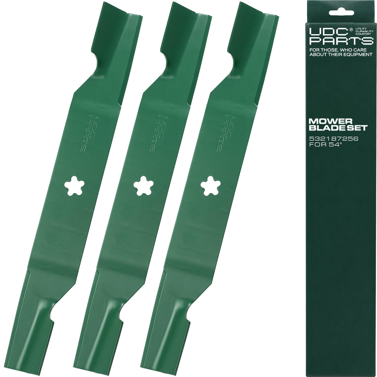 UDC Parts cuchilla frontal 54" mostrando perfil y ventajas de corte