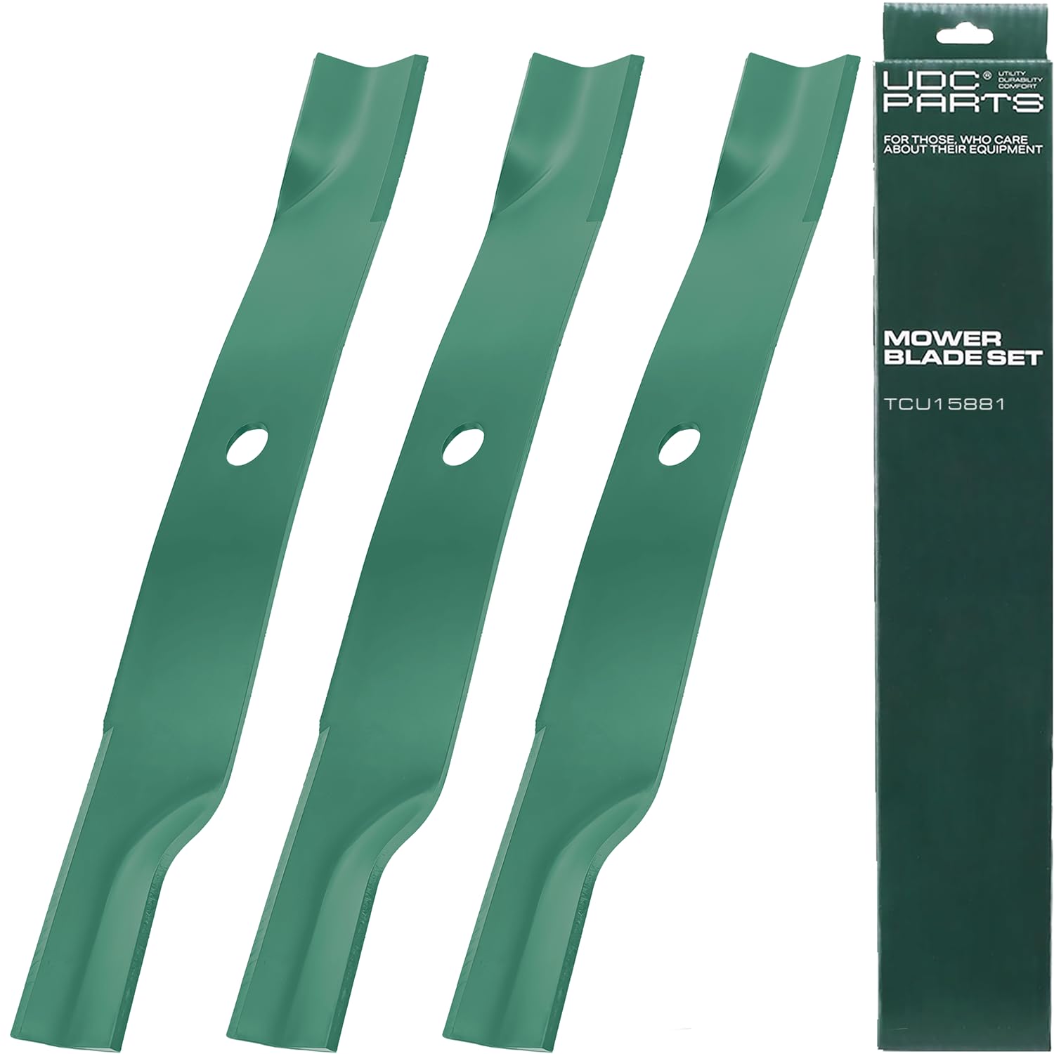 UDC Parts cuchilla frontal en embalaje mostrando ajuste directo para John Deere