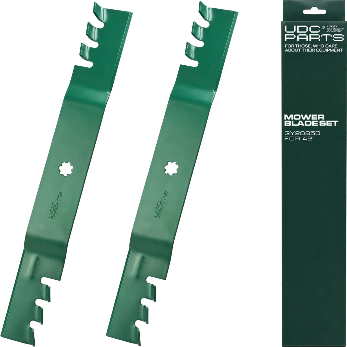 UDC Parts cuchilla frontal en empaque mostrando ajuste compatible John Deere
