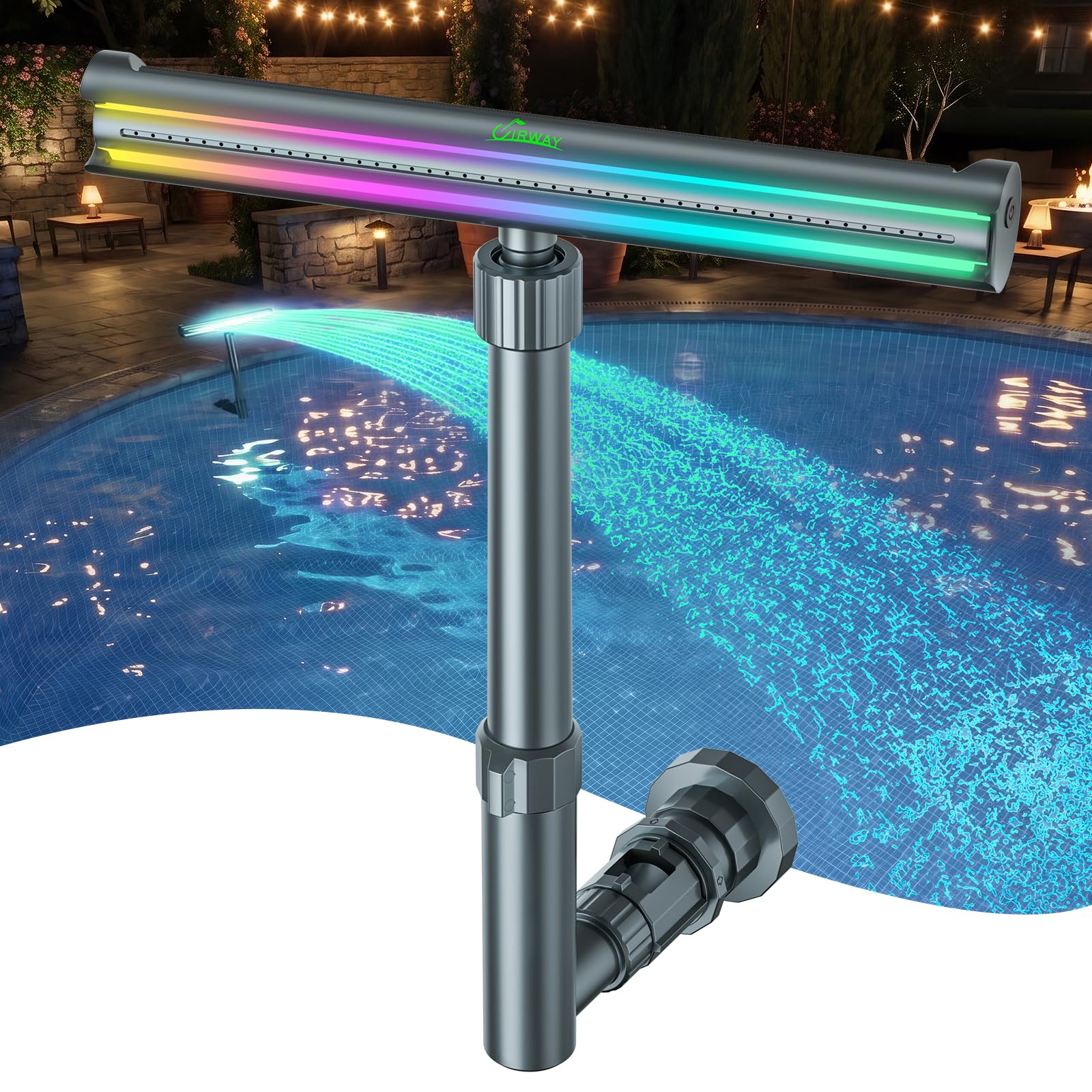 UIRWAY fuente frontal mostrando chorro y luces brillantes