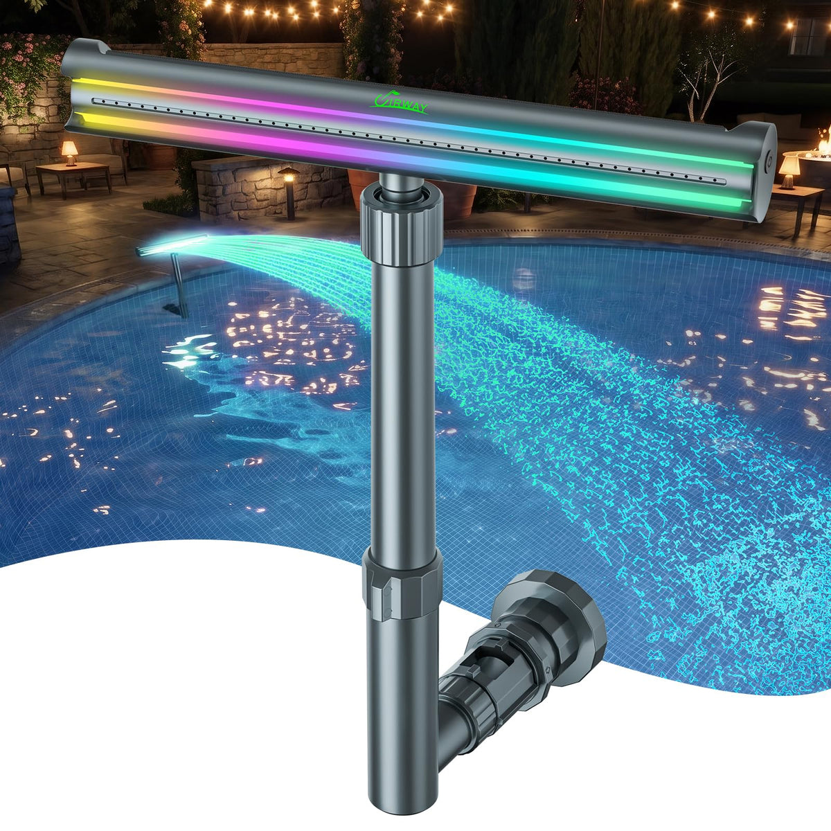 UIRWAY fuente frontal mostrando chorro y luces brillantes