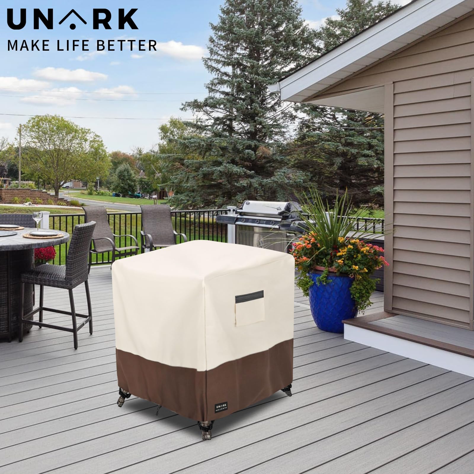 UNARK funda comparada con mesa, confirma ajuste para 22x22x18 pulgadas