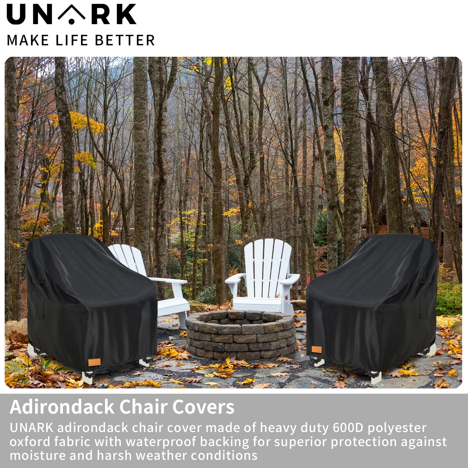 UNARK funda puesta en sillón Adirondack mostrando ajuste seguro