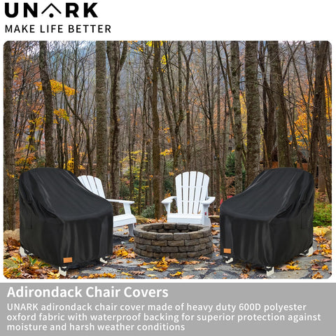 UNARK funda puesta en sillón Adirondack mostrando ajuste seguro