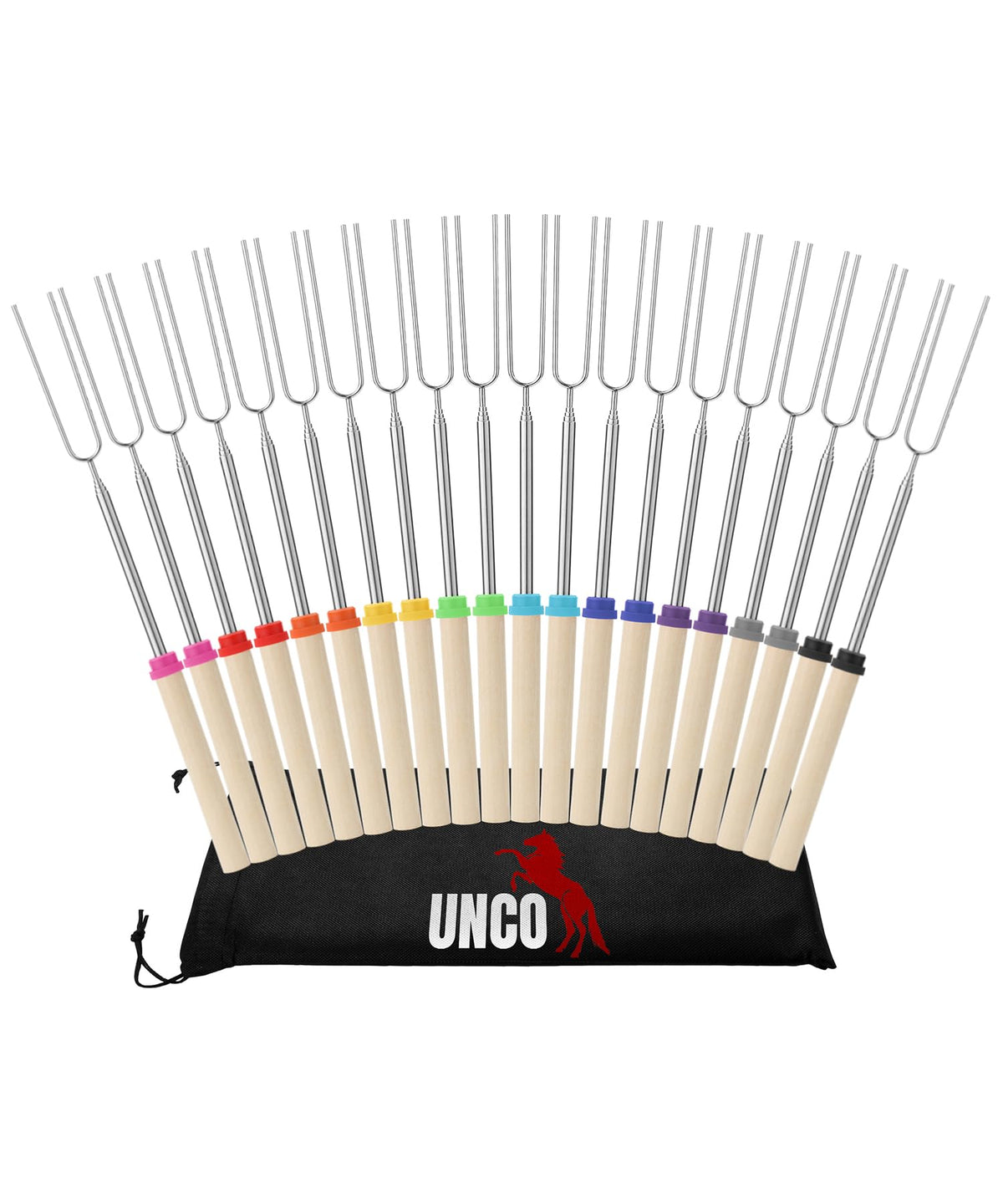 UNCO pack frontal mostrando 20 palos para asar listo para grupo